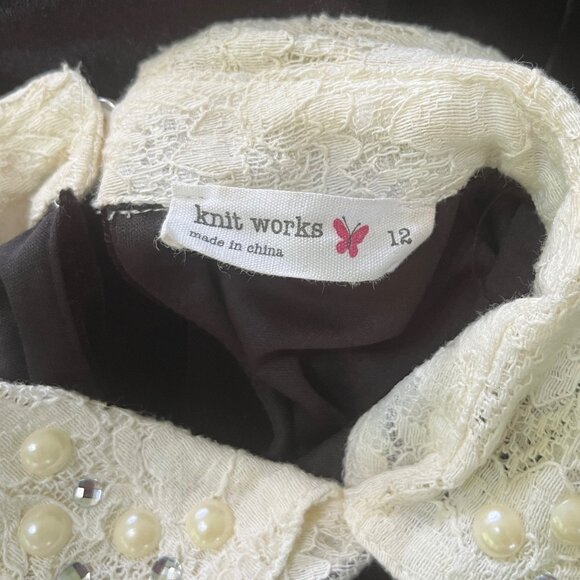 Knit Works Girls 12 Black Velvet Dress Pearl Lace Collar Holiday Party Outfit - Picture 2 of 13